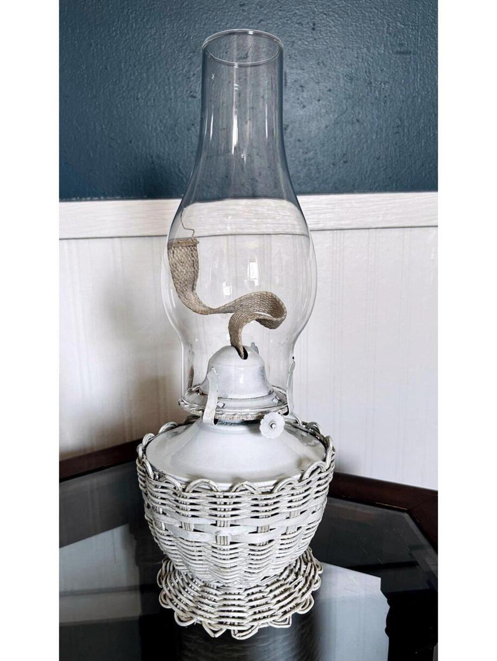 Vintage Kaadan Oil Lamp Wicker Base Glass Chimney Cottage Decor